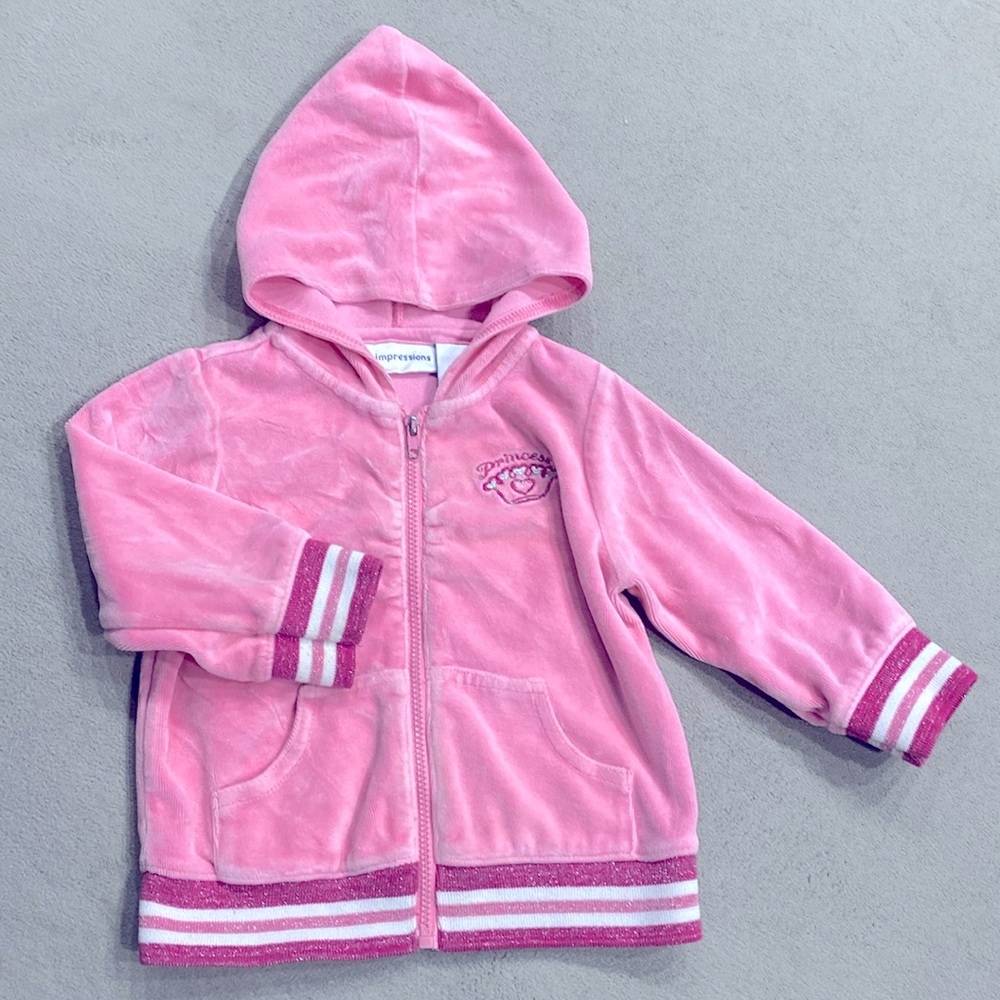 First Impressions Pink Velour Hooded Jacket Embroidery Princess Toddler Girl 12M
